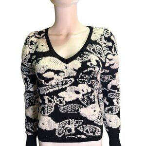Jason Wu Black & White Bunny Print V-Neck Sweater Womens Med Easter Spring EUC